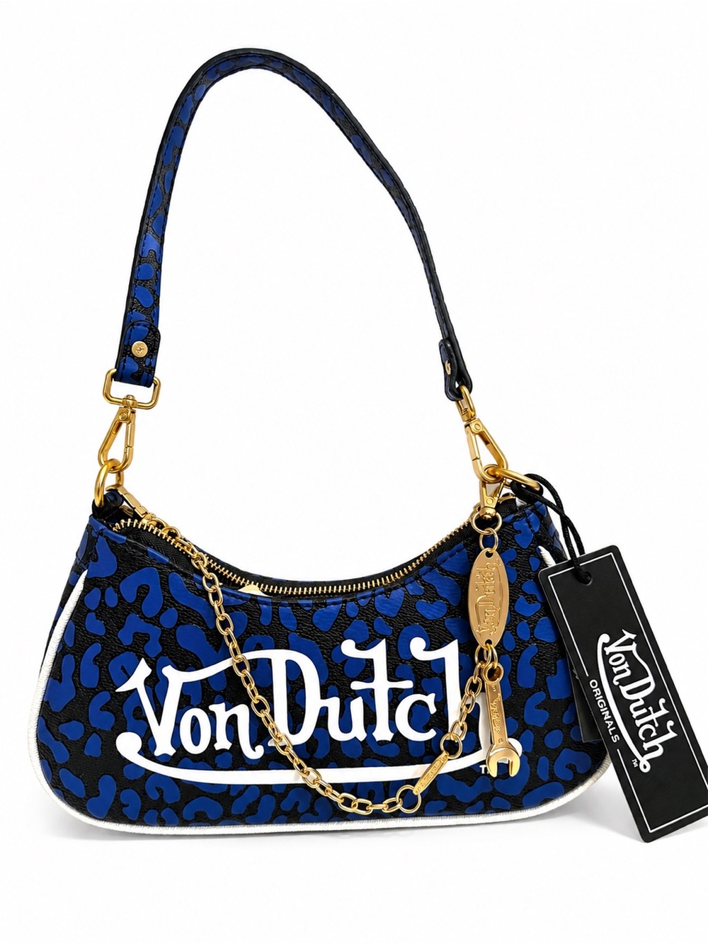 Von Dutch Blue Leopard Print Mini Shoulder Bag with Gold Chain